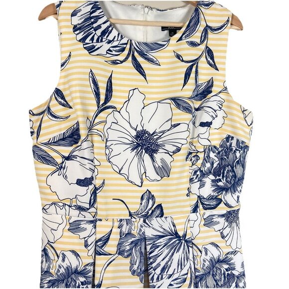 R & K Dress Yellow Stripes Blue Floral Pleated Skirt Knee Length Retro Size 14 - Picture 2 of 13